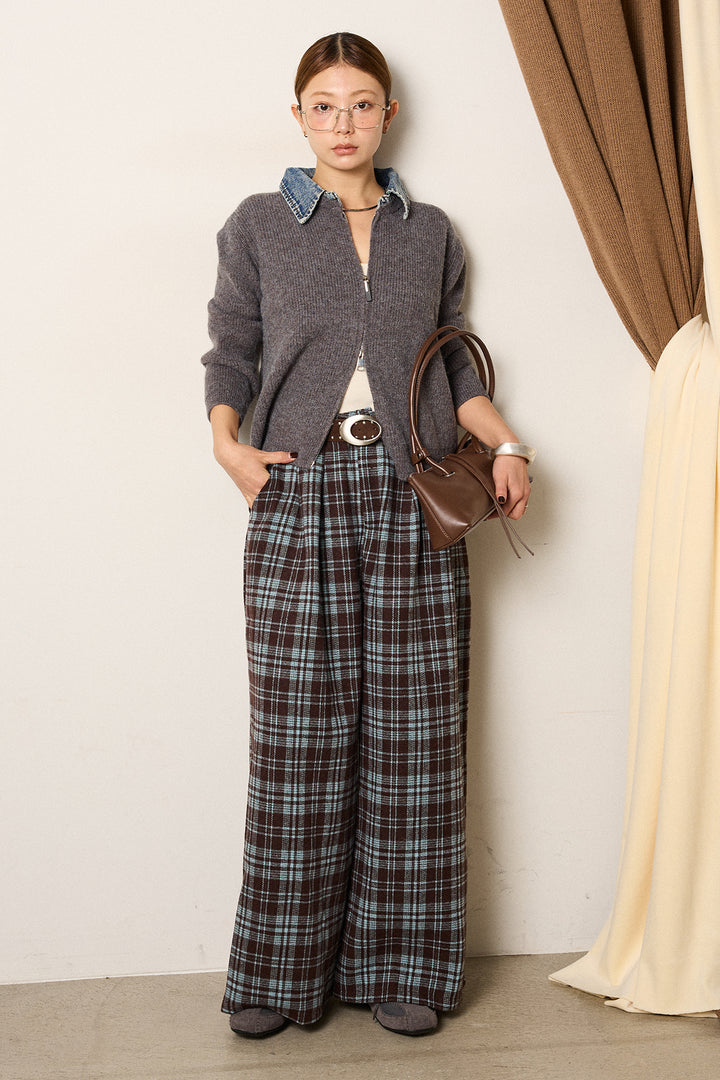 [SET]デニム襟ダブルジップニットトップス+スタッズデザインベルトタータンチェックパンツ(2set)