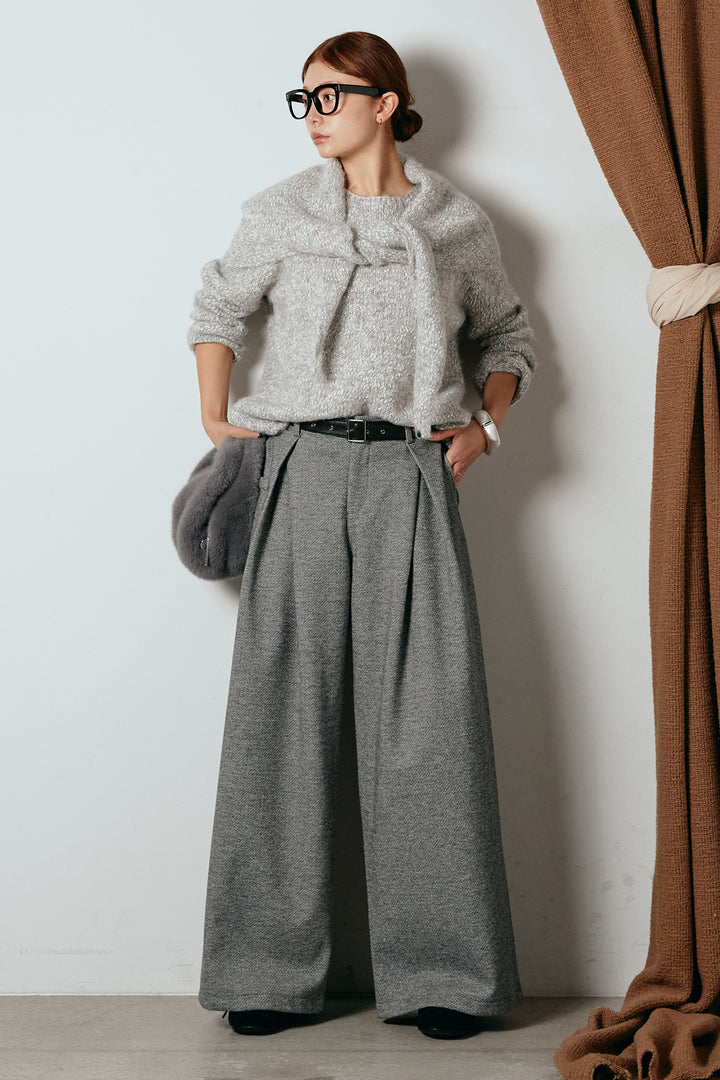 [SET]スカーフ付きミックスニットトップス+細ベルト付き起毛タックワイドパンツ(2set)
