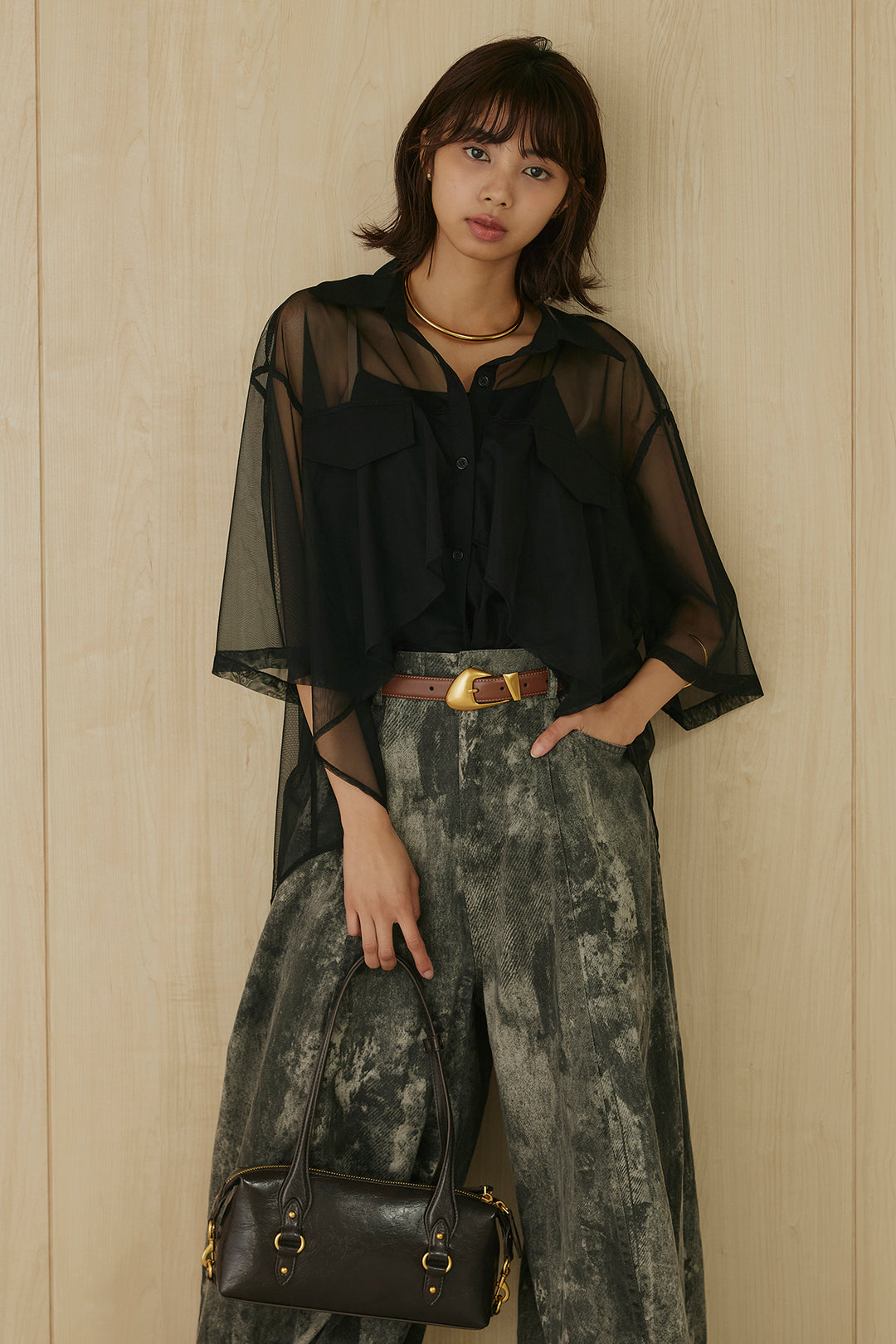 [SET]バックロングシアーシャツ+ニュアンスダイボリュームパンツ(2set)