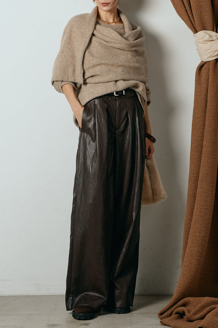 [SET]ネック巻きデザインニットトップス+ベルト付きレザーライクタックパンツ(2set)