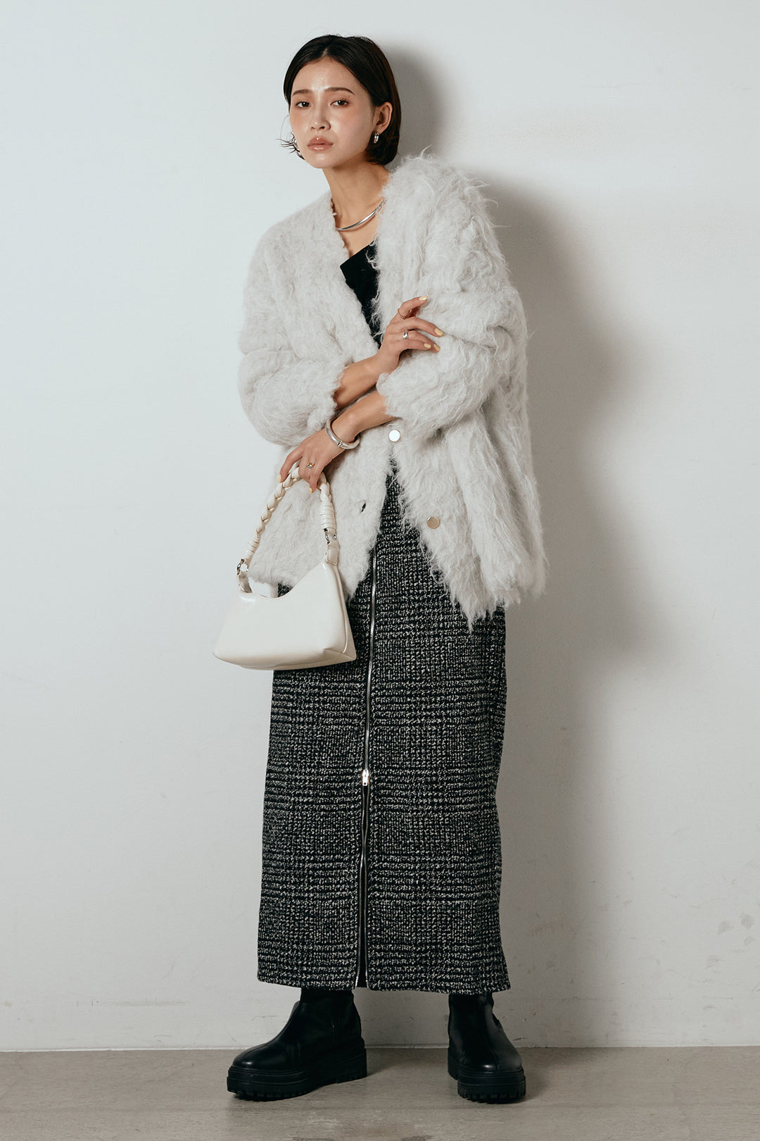 [SET]ウェーブシャギーニットジャケット+グレンチェック柄フロントジップタイトスカート(2set)