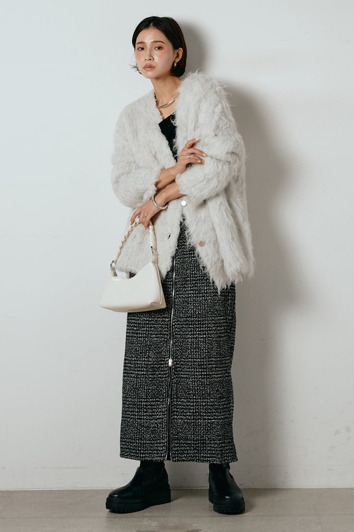 [SET]ウェーブシャギーニットジャケット+グレンチェック柄フロントジップタイトスカート(2set)