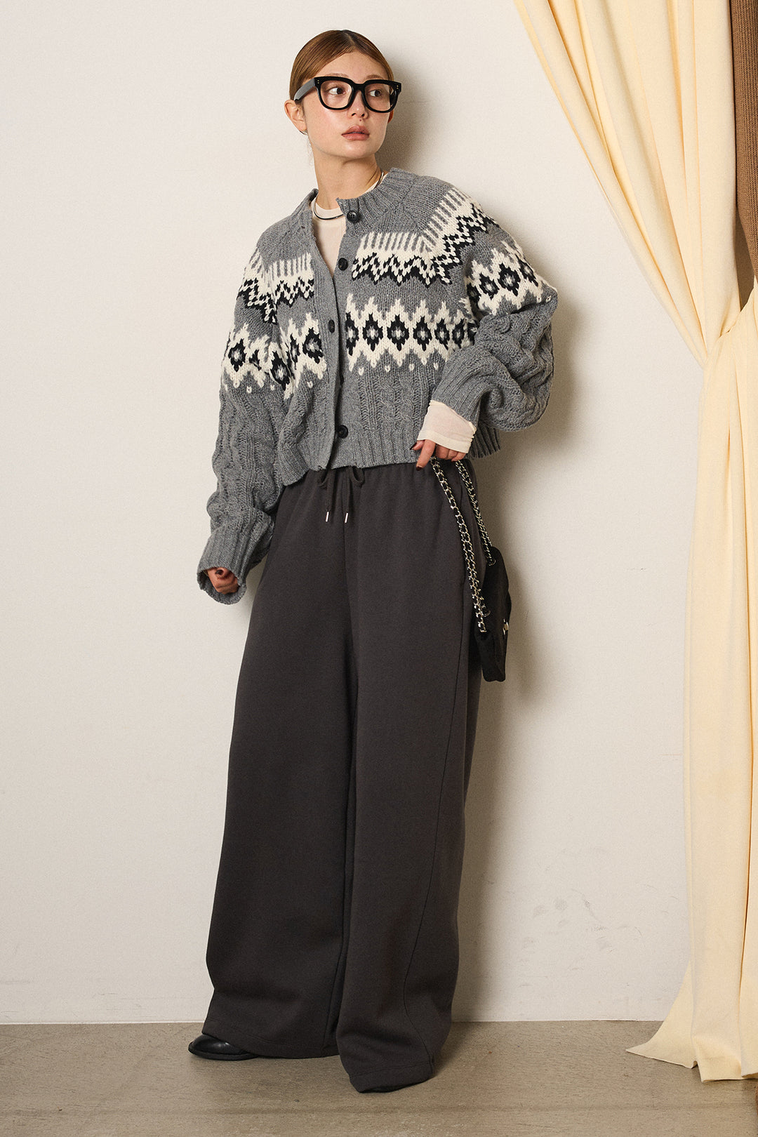 [SET]2WAY求心柄ジャガードショートカーディガン+裏起毛スウェットワイドパンツ+2WAY袖コード刺繍クルーネックプルオーバー(3set)