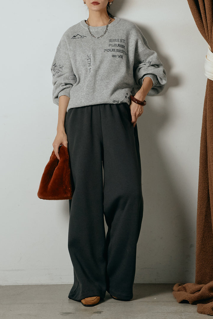 [SET]刺繍ロゴランダムデザインニットトップス+裏起毛スウェットワイドパンツ(2set)