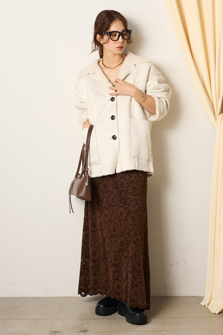 [SET]エコムートンカバーオール+花柄刺繍ベロアフレアスカート(2set)