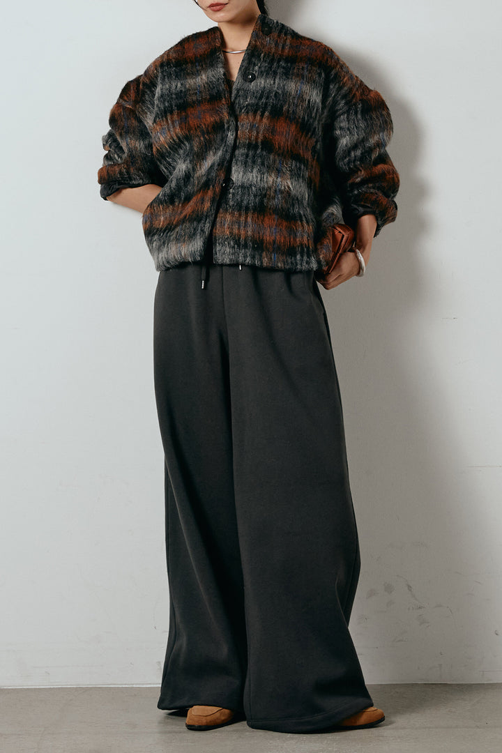 [SET]ノーカラーシャギーチェックアウター+裏起毛スウェットワイドパンツ(2set)