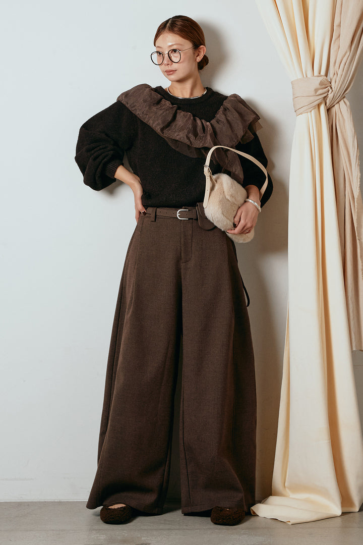 [SET]アシンメトリーフリルニットトップス+ポーチベルト付きカーブパンツ(2set)