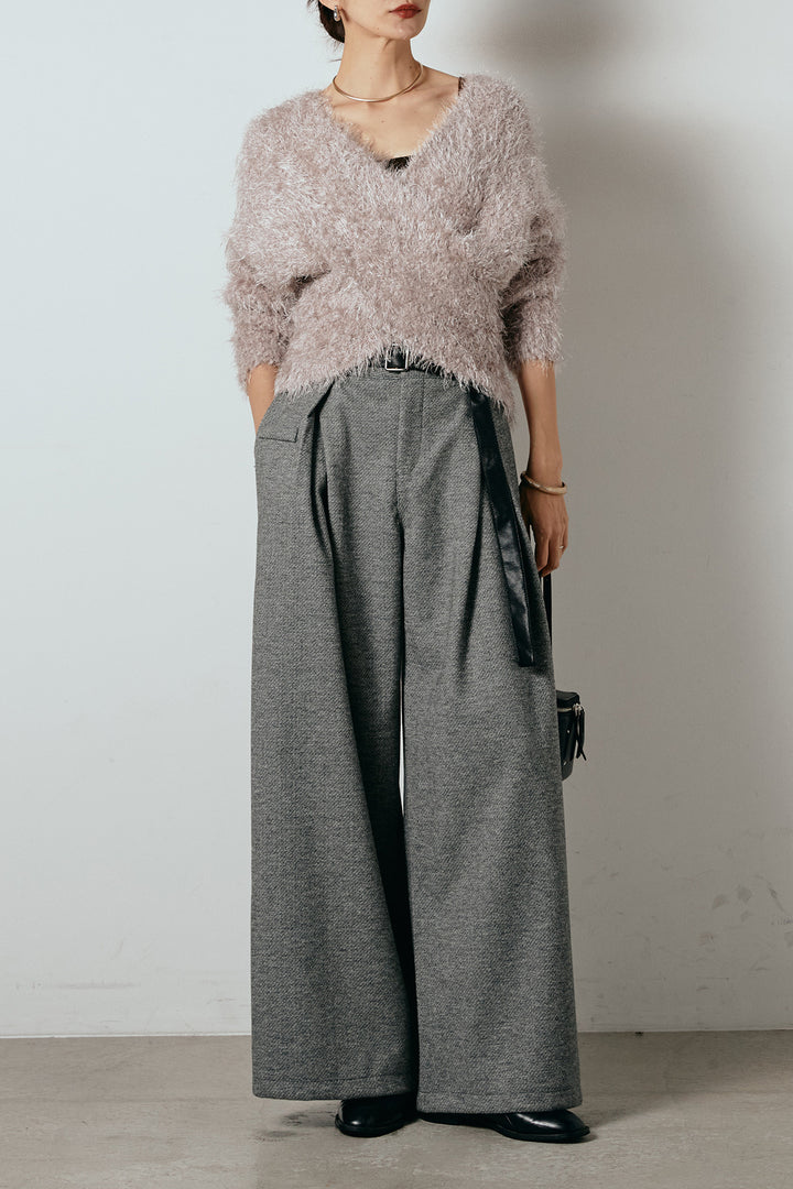 [SET]シャギークロスニットトップス+細ベルト付き起毛タックワイドパンツ(2set)