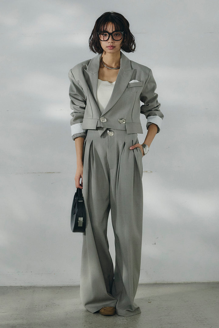 [SET]メタルプレートショート丈ジャケット+メタルプレートタックワイドパンツ(2set)