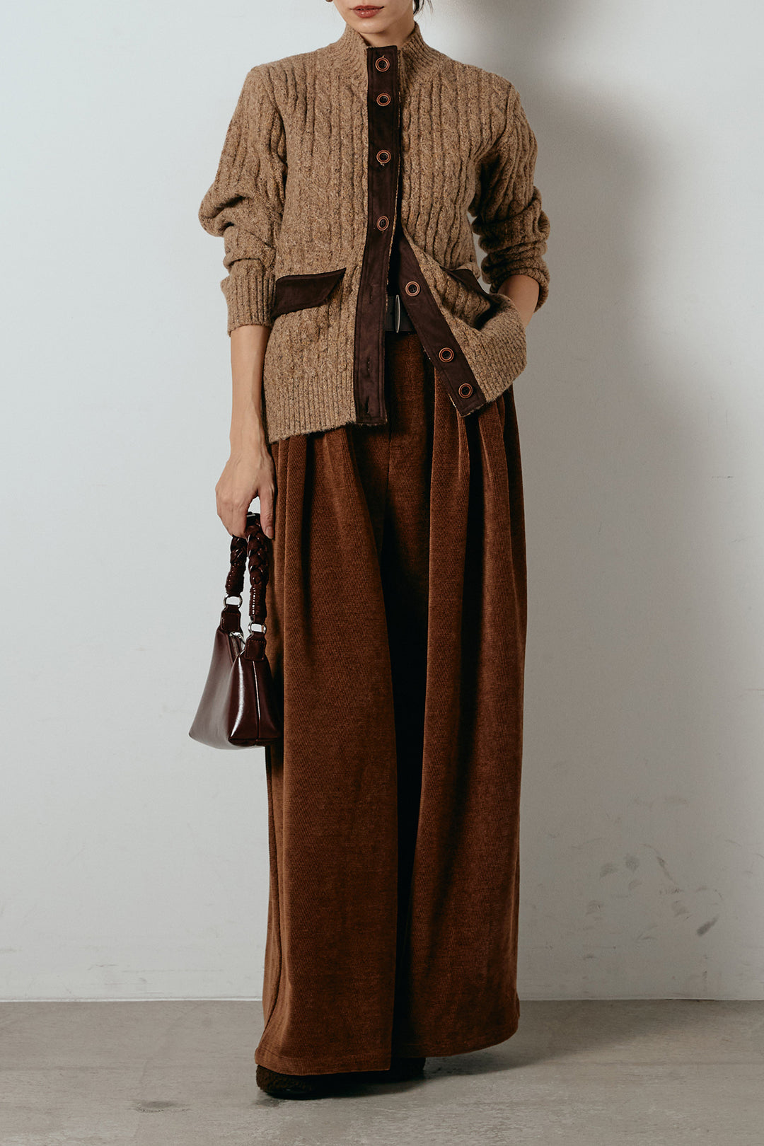 [SET]ボトルネックケーブルニットカーディガン+ベルトループコーデュロイワイドパンツ(2set)