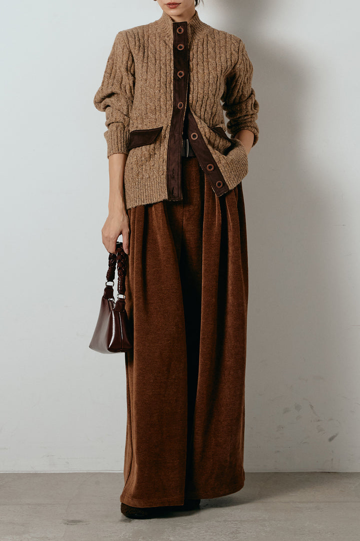 [SET]ボトルネックケーブルニットカーディガン+ベルトループコーデュロイワイドパンツ(2set)