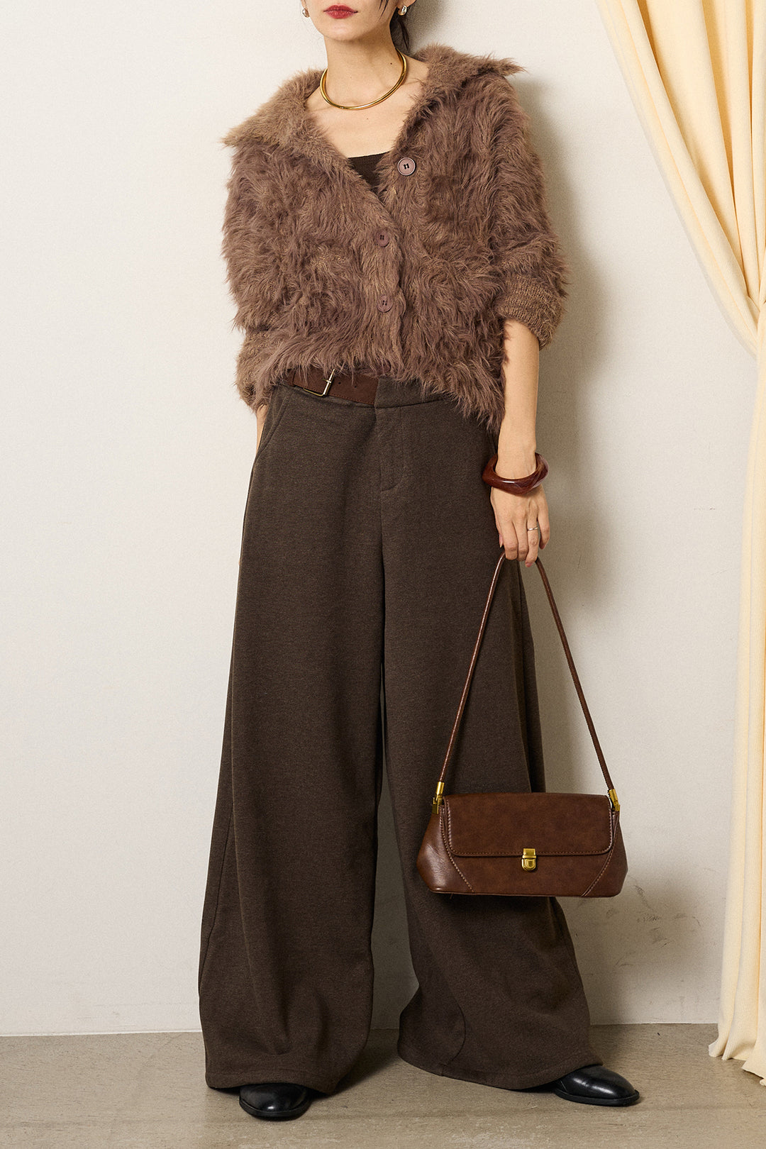 [SET]襟付きシャギーニットカーディガン+サイドベルトパンツ(2set)