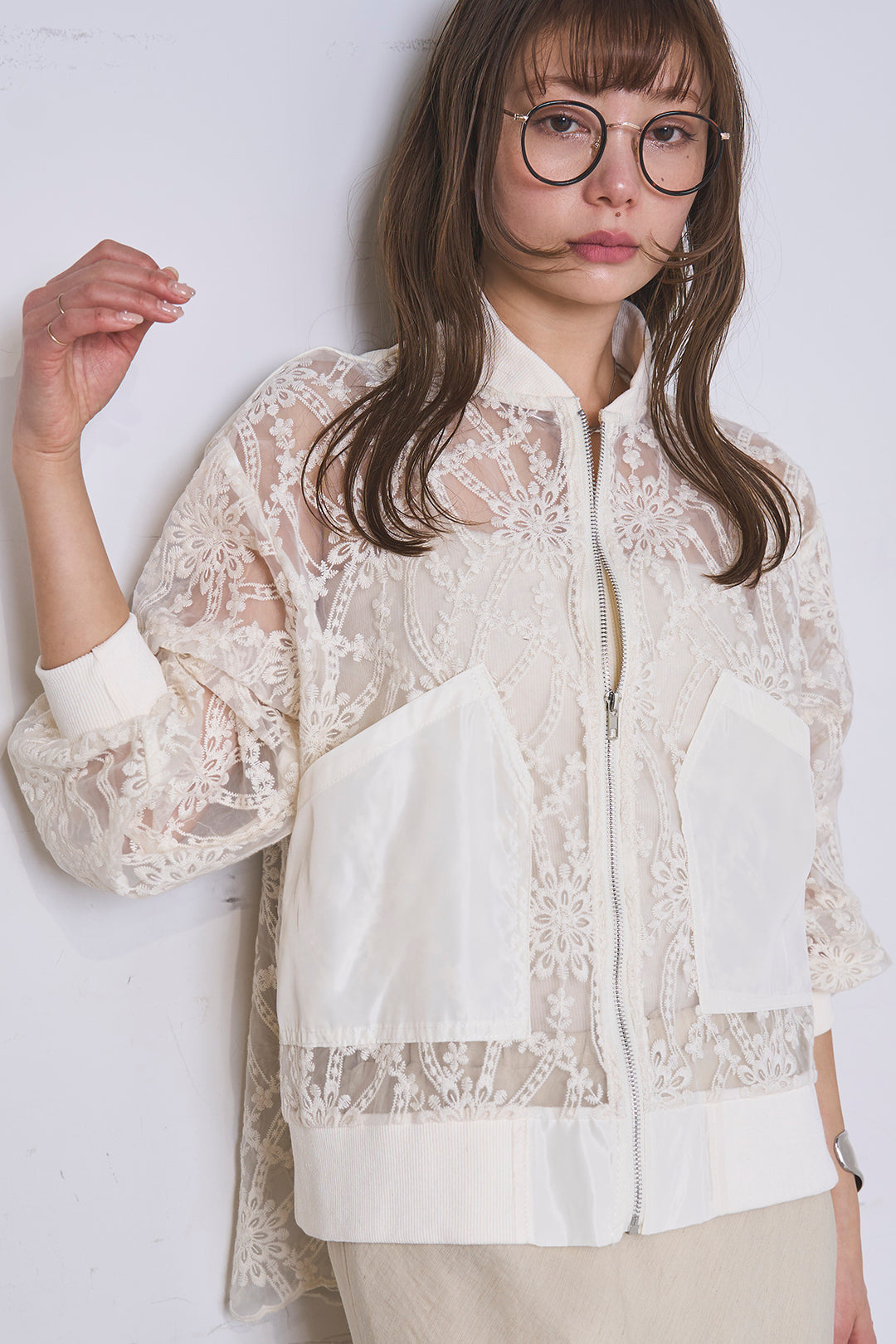 [SET]ノーカラーレースブルゾン+リネンブレンドロングナロースカート(2set)