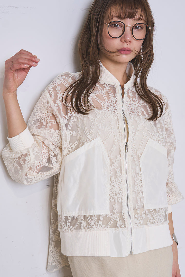 [SET]ノーカラーレースブルゾン+リネンブレンドロングナロースカート(2set)