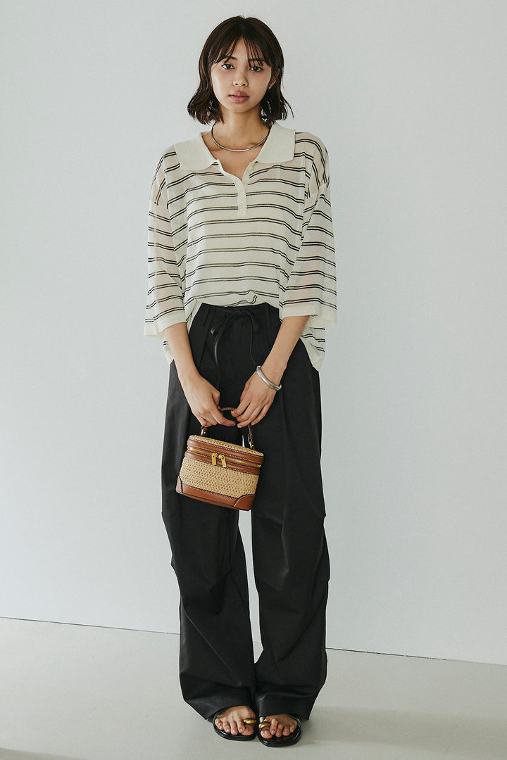 [SET]ボーダーニットポロシャツ+ニーサイドタックウエストドロスパンツ(2set)