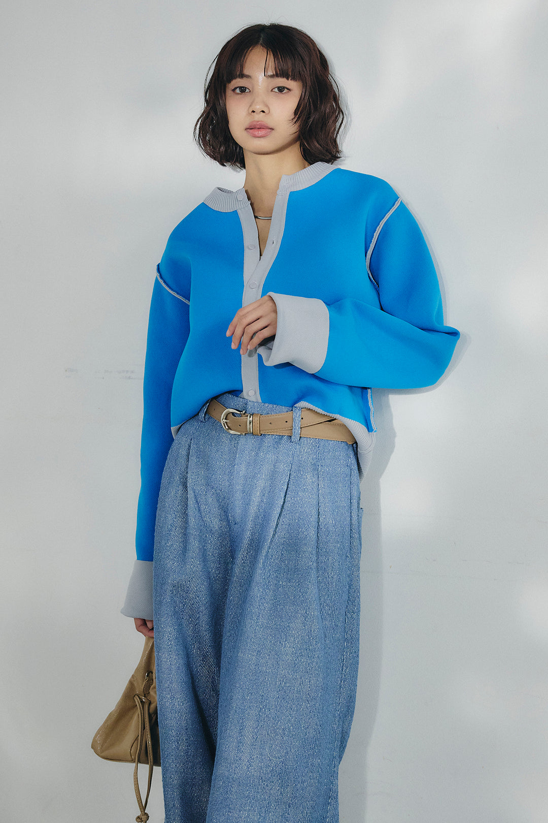 [SET]リバーシブル配色ニットカーディガン+デニムライクヘリンボーンタックパンツ(2set)