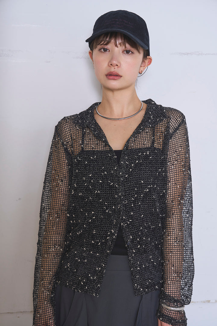 [SET]ネップメッシュポロ襟カーディガン+ラップレイヤードアシンメトリーデザインスカート(2set)