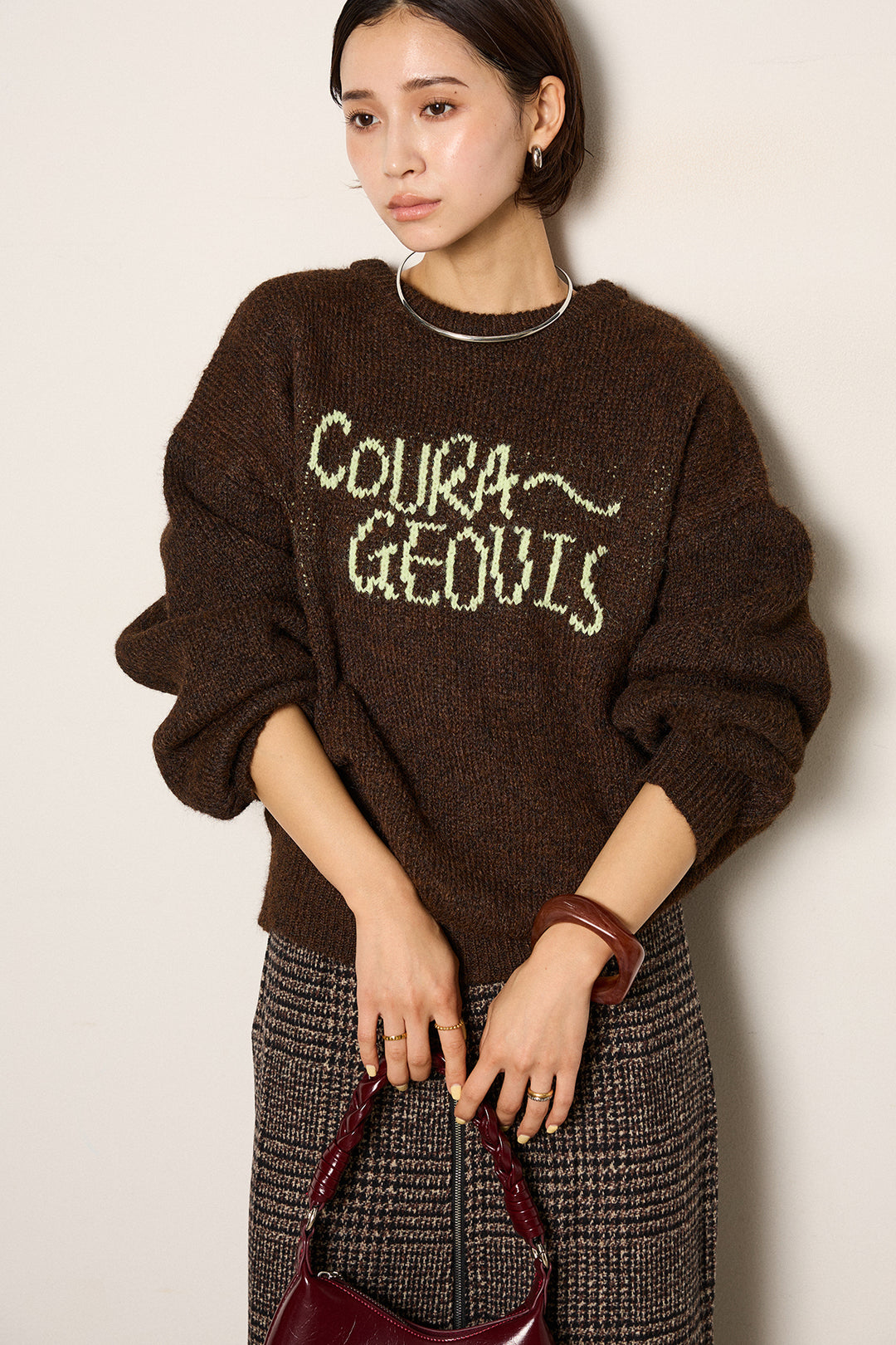 [SET]ロゴシャギーニットプルオーバー+グレンチェック柄フロントジップタイトスカート(2set)