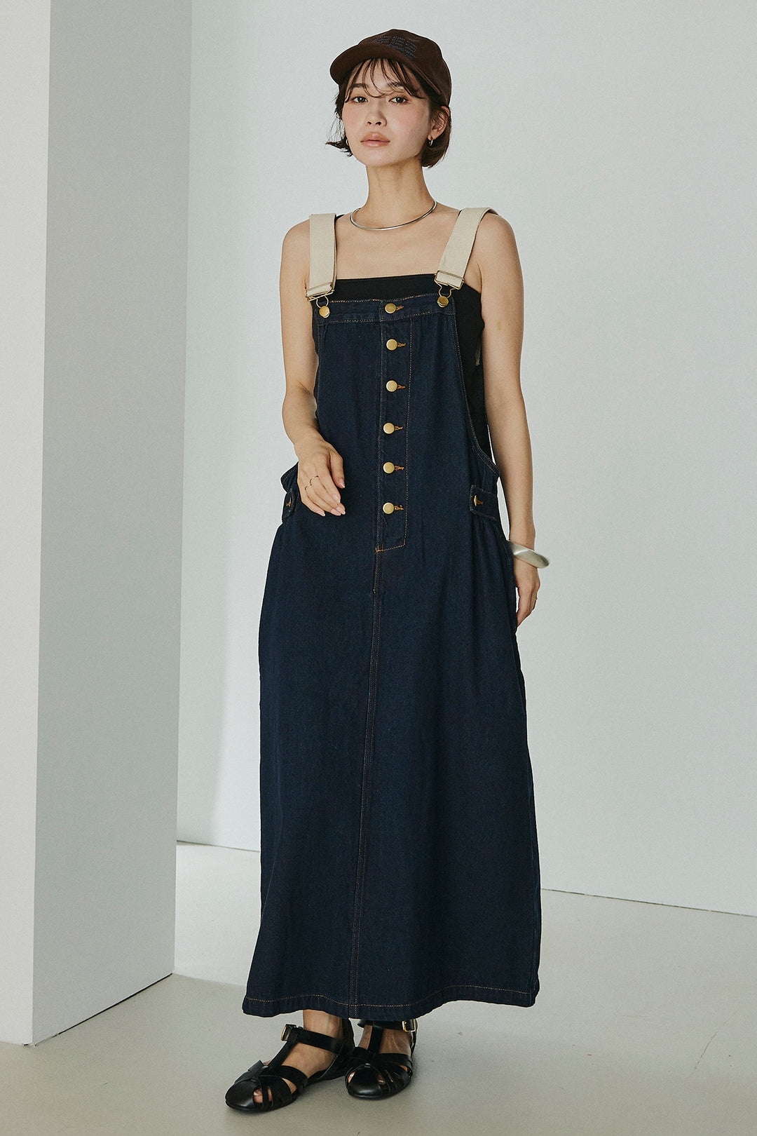 [SET]シアージャガードハーフスリーブテーラードジャケット+配色ショルダーデニムサロペットスカート(2set)