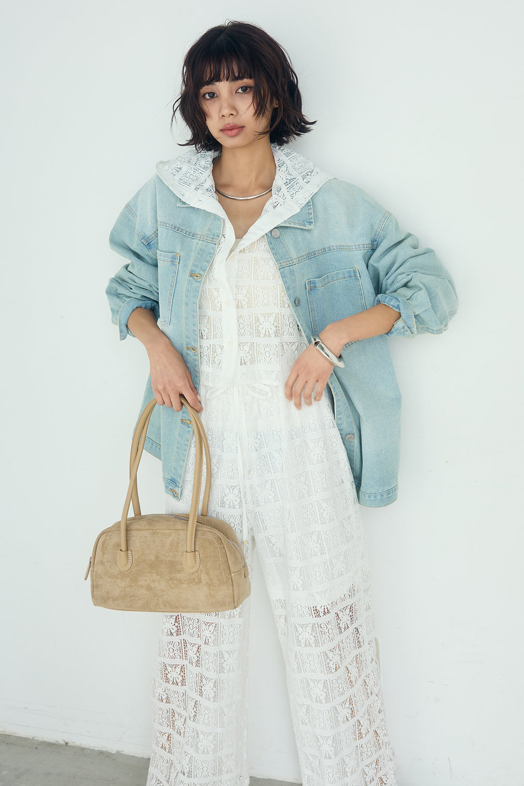 [SET]パッチワークレースショート丈フードシャツ+パッチワークレースイージーパンツ(2set)