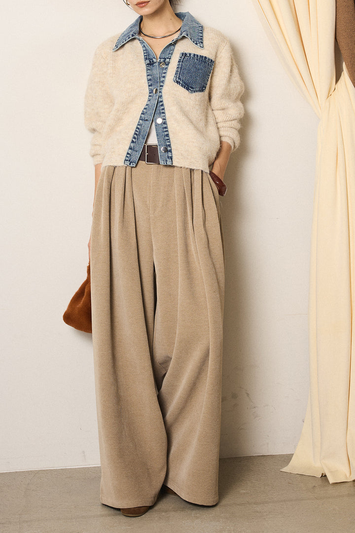 [SET]襟付きデニム切替ニットカーディガン+ベルトループコーデュロイワイドパンツ(2set)
