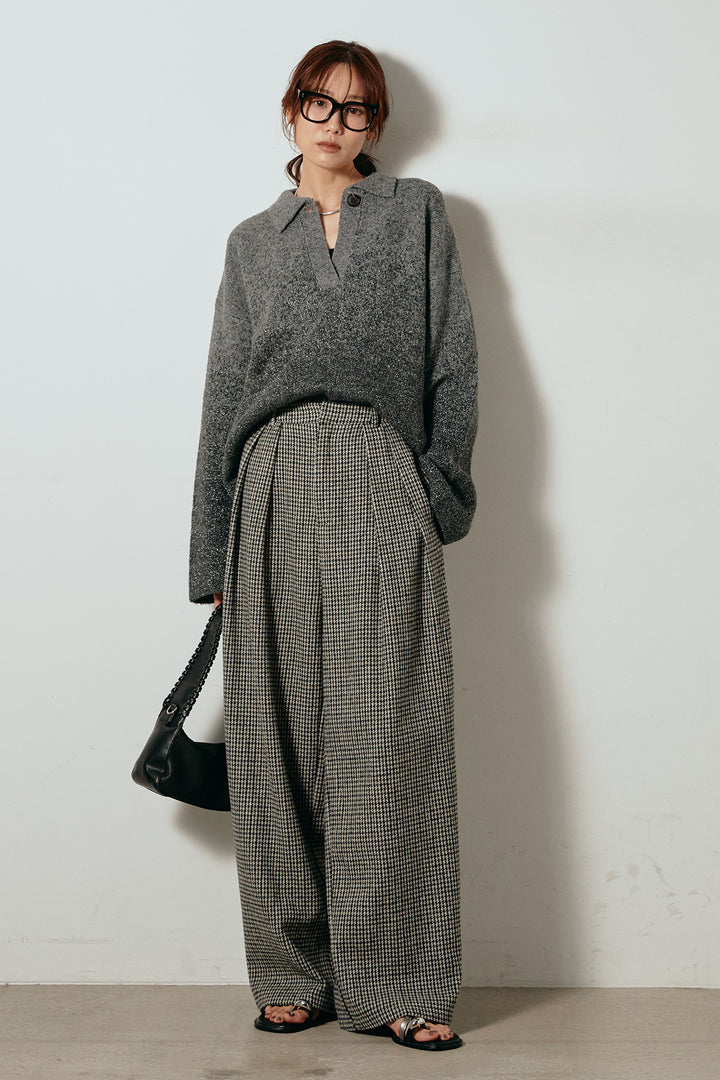 [SET]グラデーションラメニットキーネックプルオーバー+ガンクラブチェックタックパンツ(2set)