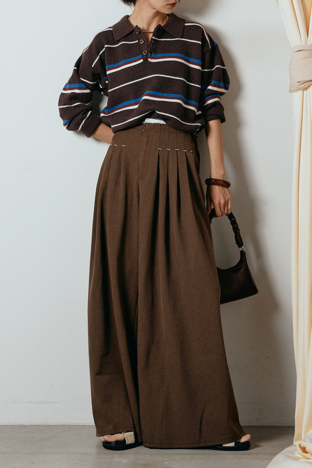 [SET]襟付きマルチボーダーニットポロトップス+ウエストステッチデザインワイドスラックス(2set)