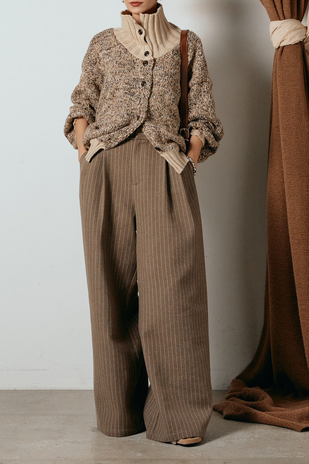 [SET]ハイネックミックスニットカーディガン+ウールライクストライプパンツ(2set)
