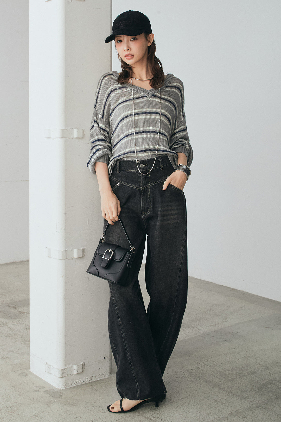 [SET]綿タッチVネックボーダートップス+デニムヨークパンツ(2set)