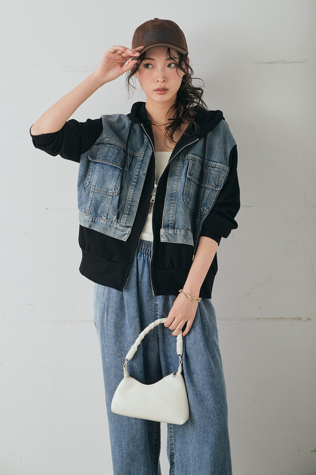 [SET]デニム切替ポンチダブルジップパーカー+テンセルデニムイージーワイドパンツ(2set)