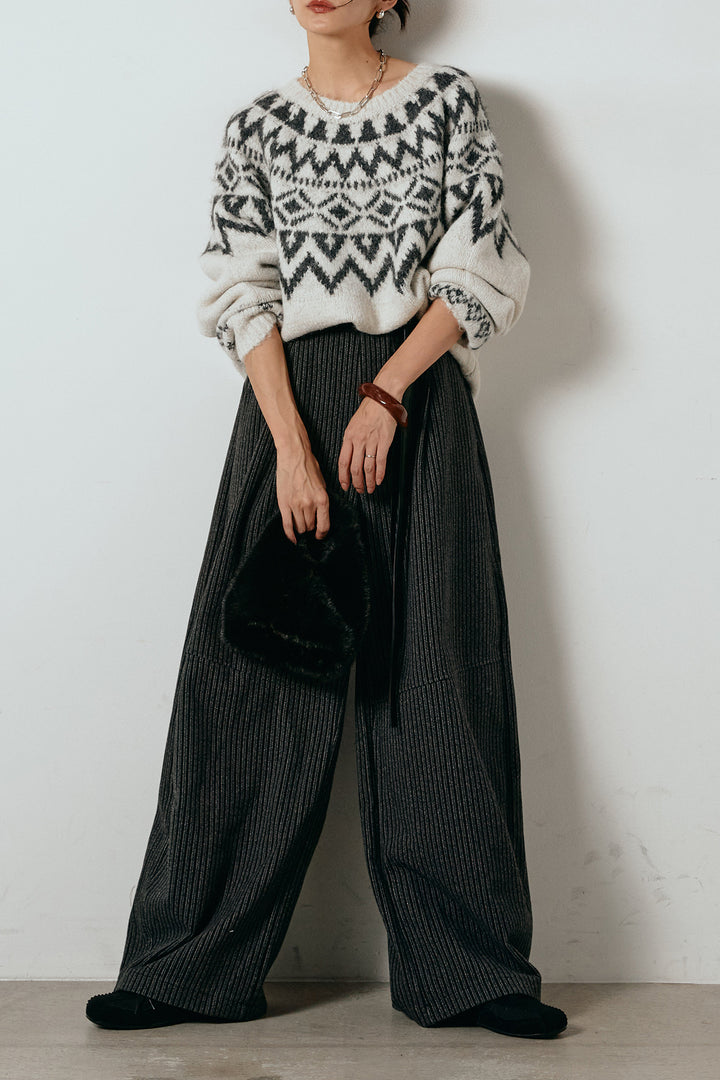 [SET]ノルディック柄Uネックプルオーバー+レザーライク配色ストライプパンツ(2set)