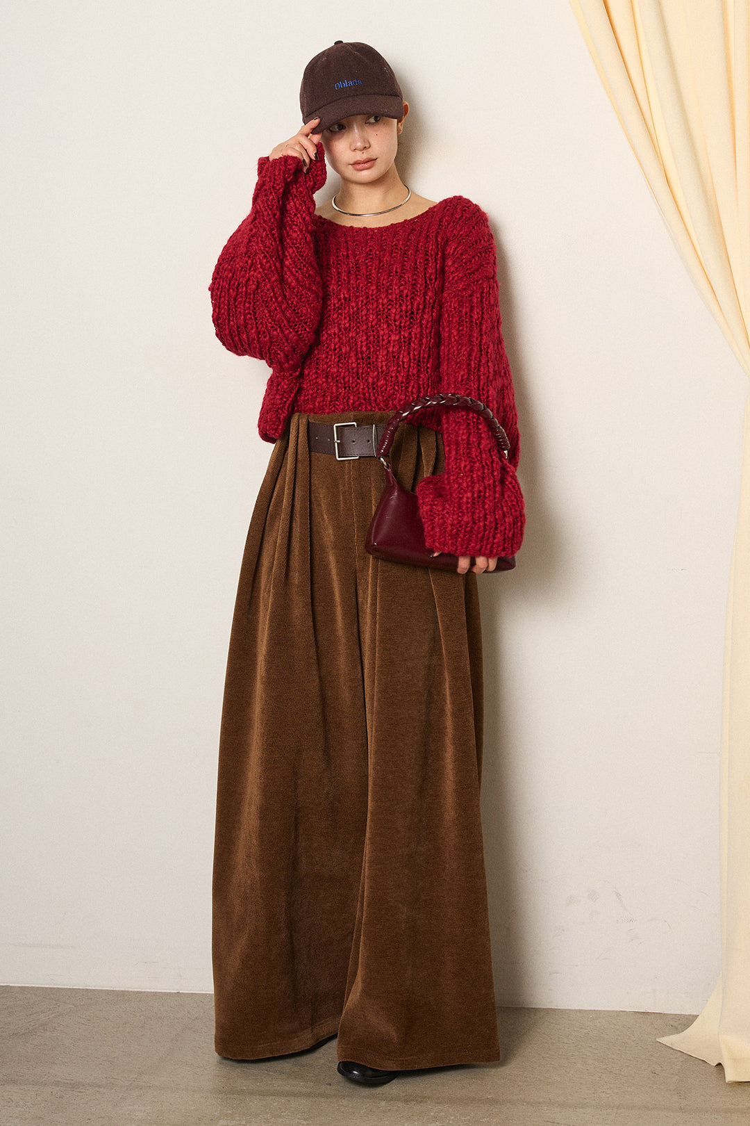 [SET]チャンキースラブニットクロップドプルオーバー+ベルトループコーデュロイワイドパンツ(2set)