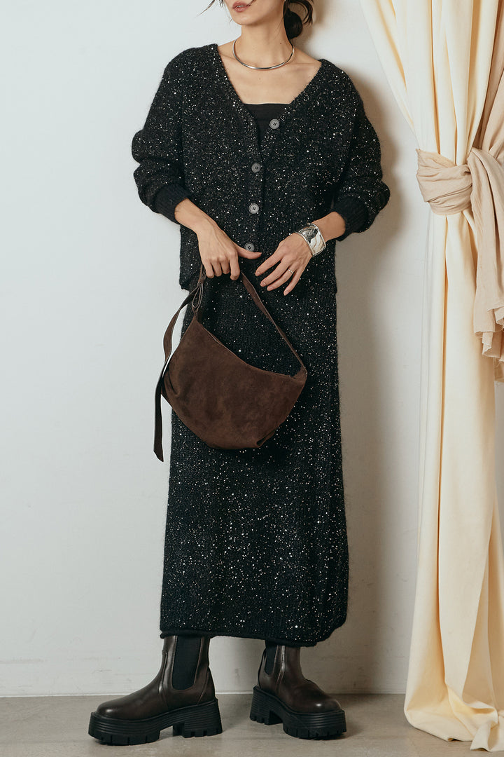 [SET]ミニラメニットカーディガン+ミニラメニットスカート(2set)