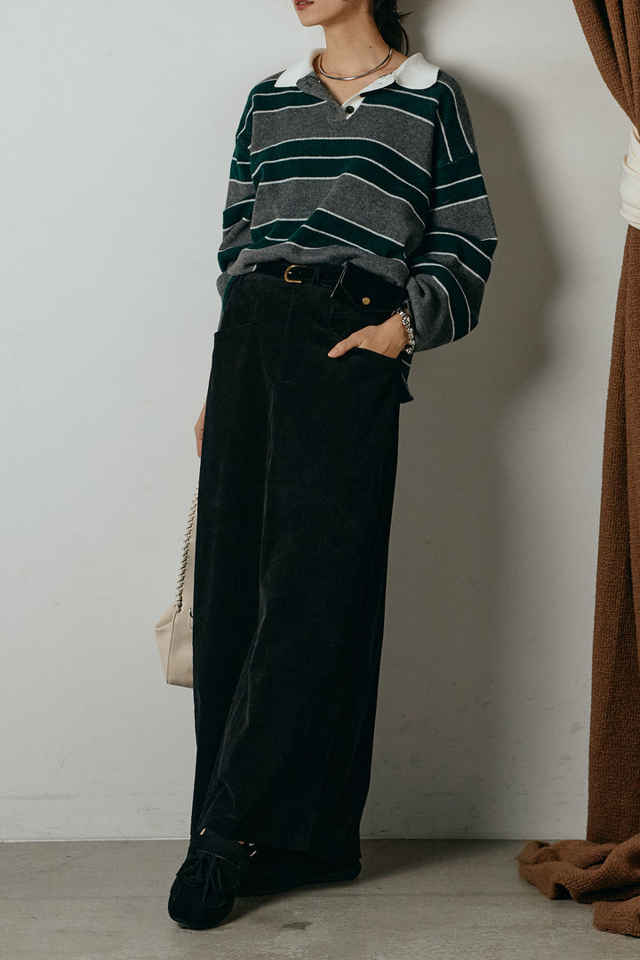 [SET]ラガーニットボーダーポロプルオーバー+ポーチベルト付きコーデュロイワイドスカート(2set)