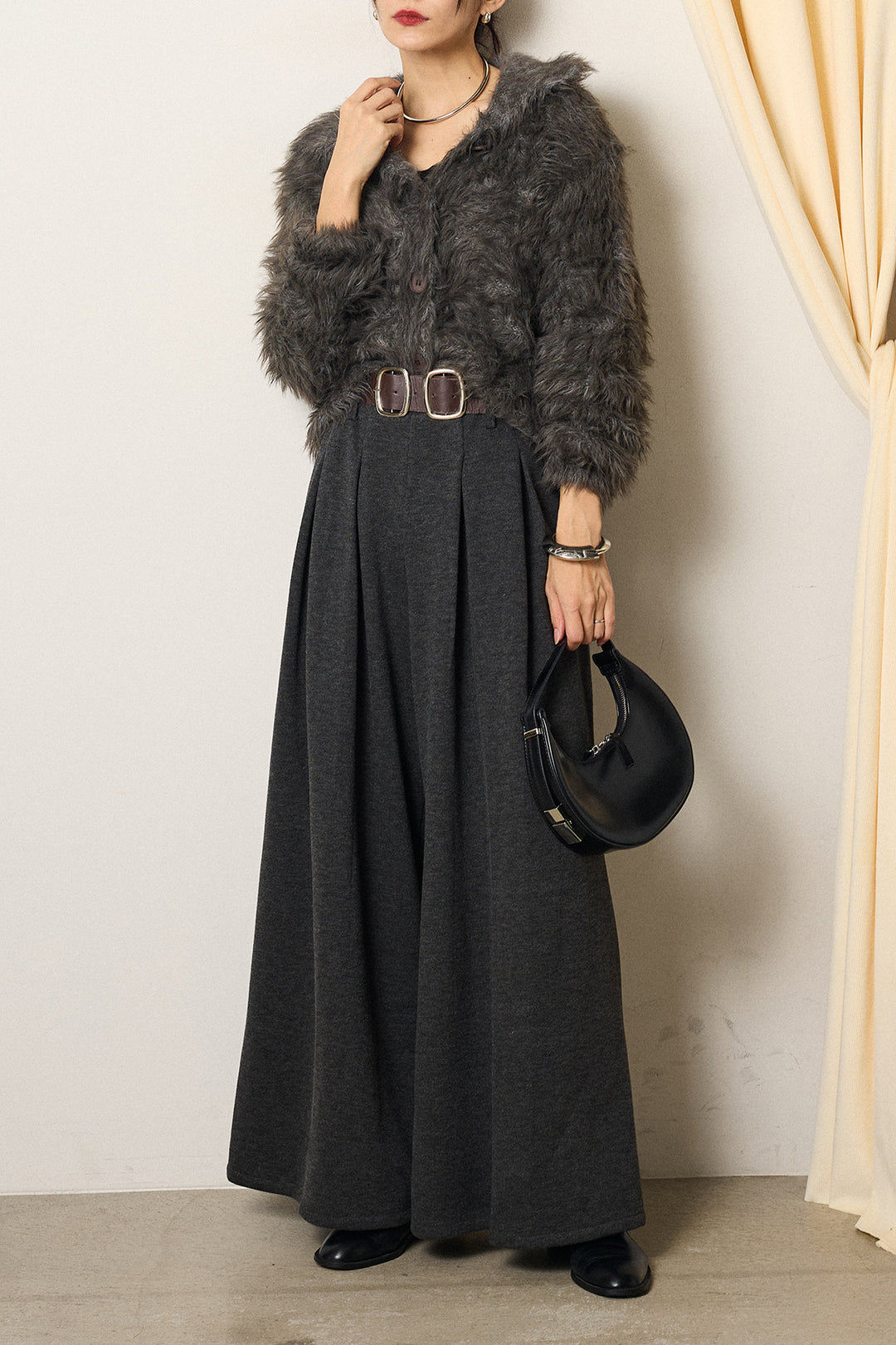 [SET]襟付きシャギーニットカーディガン+フェイクレザー太ベルト付きタックワイドパンツ(2set)