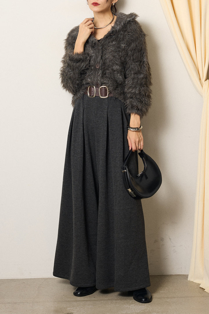 [SET]襟付きシャギーニットカーディガン+フェイクレザー太ベルト付きタックワイドパンツ(2set)