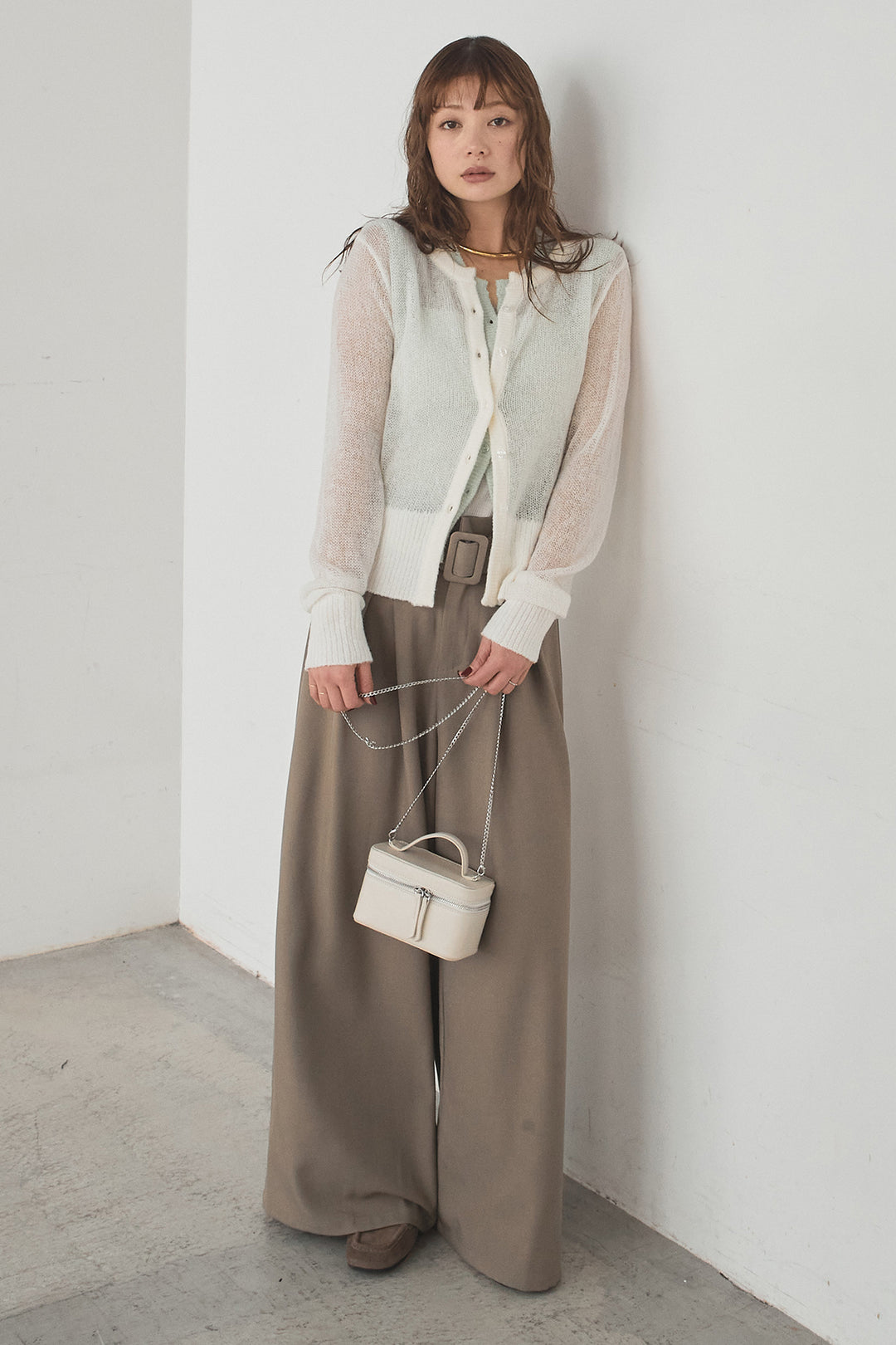[SET]モヘア透かし編みレイヤードアンサンブルセット+ベルト付きツータックワイドパンツ(2set)