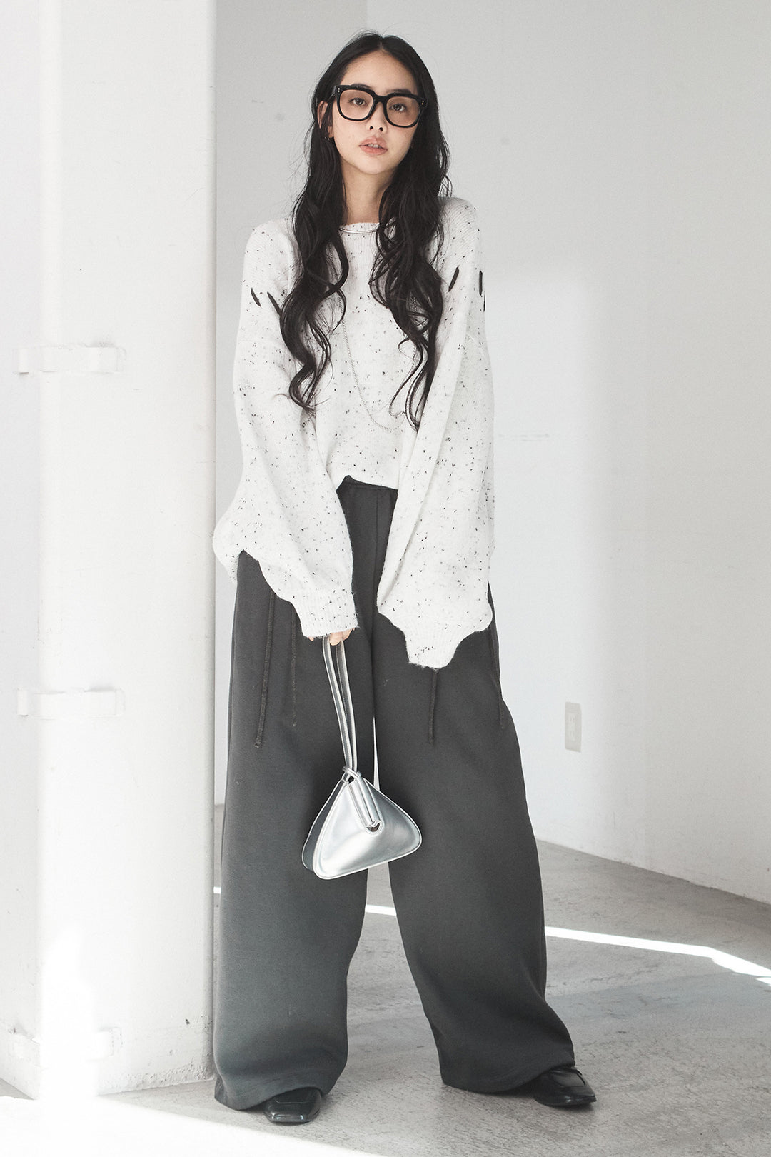 [SET]ネップ編み上げニットトップス+裏起毛スウェットワイドパンツ(2set)