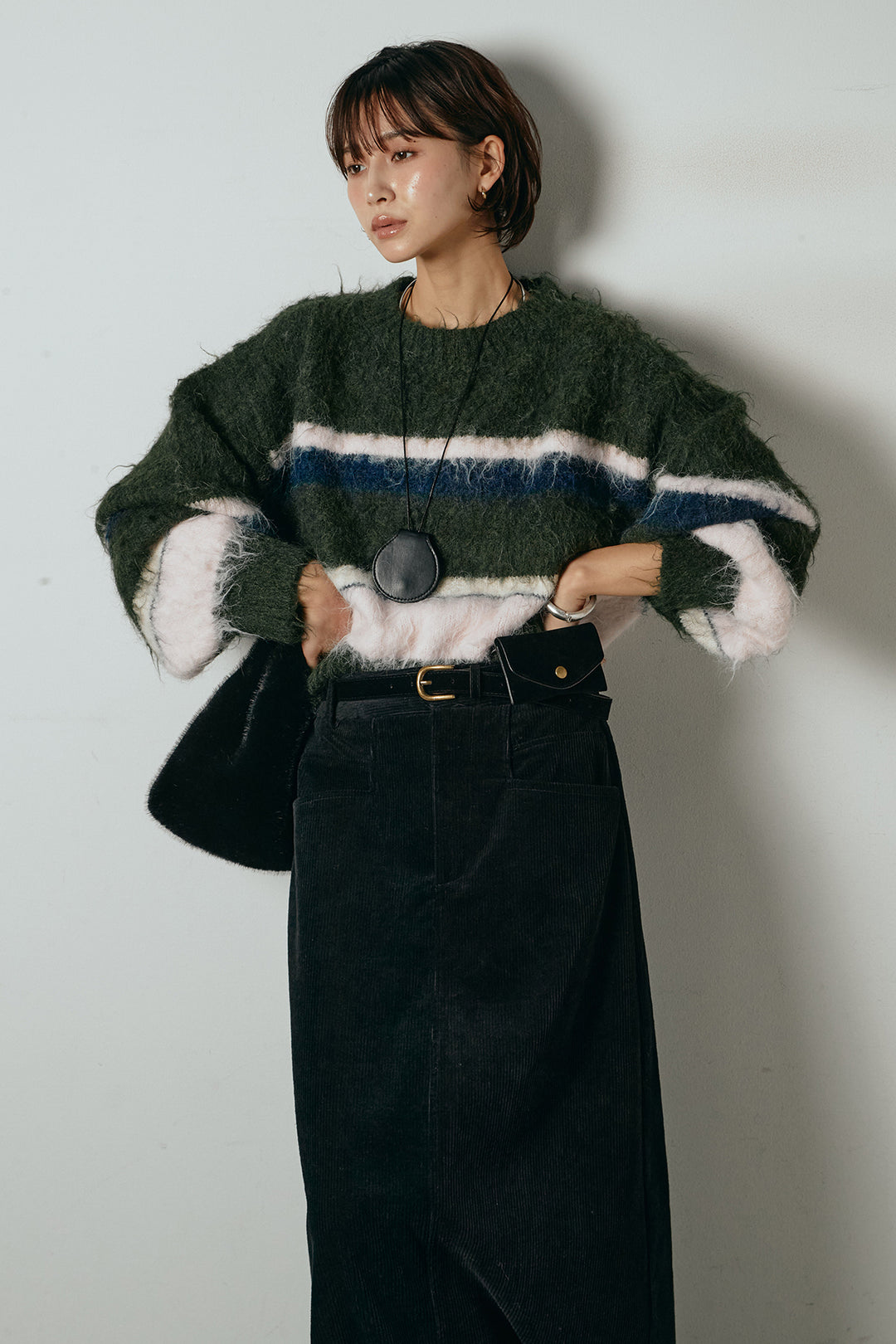 [SET]起毛配色マルチボーダーニットトップス+ポーチベルト付きコーデュロイワイドスカート(2set)