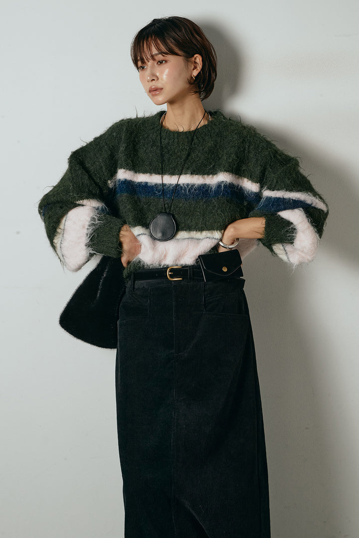 [SET]起毛配色マルチボーダーニットトップス+ポーチベルト付きコーデュロイワイドスカート(2set)