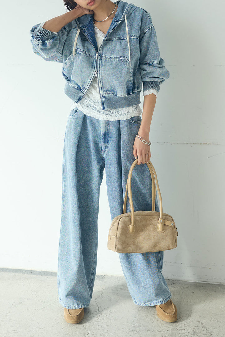 [SET]デニムダブルジップパーカーブルゾン+デニムタックカーブパンツ(2set)