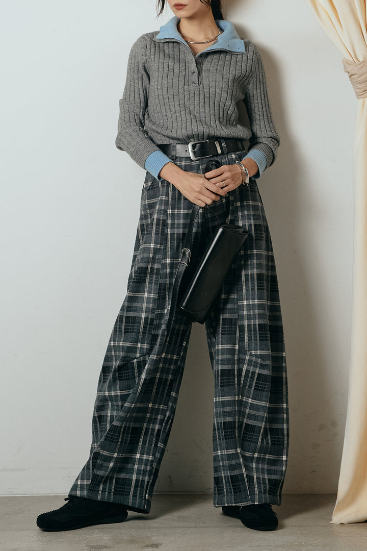 [SET]レイヤード風リブニットトップス+ベルト付きタータンチェックカーブワイドパンツ(2set)