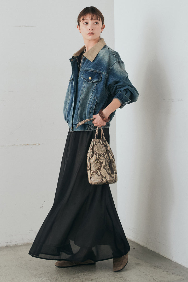 [SET]襟切り替えジップデニムジャケット+リラックスシアーフレアスカート(2set)