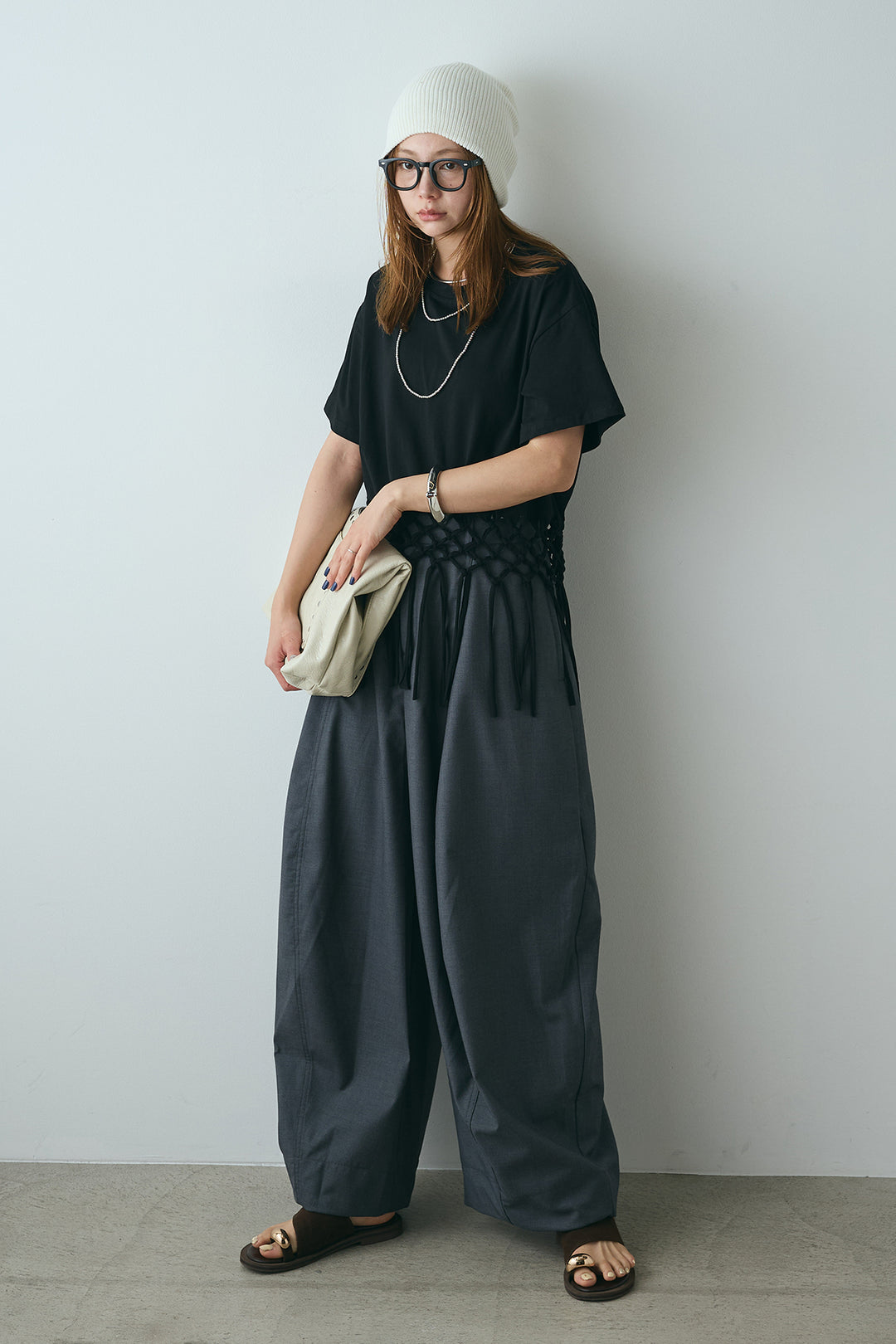 [SET]裾フリンジデザインTシャツ+ビッグシルエットワイドパンツ(2set)