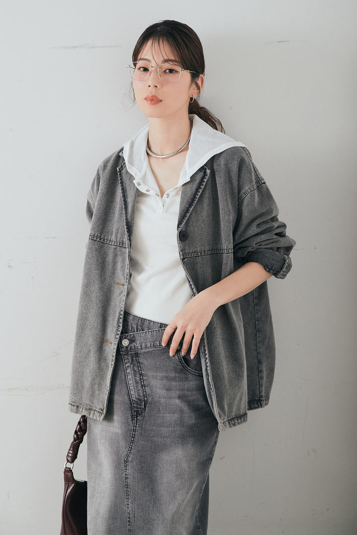 [SET]オーバーデニムジャケット+ウエストクロスデニムタイトスカート(2set)