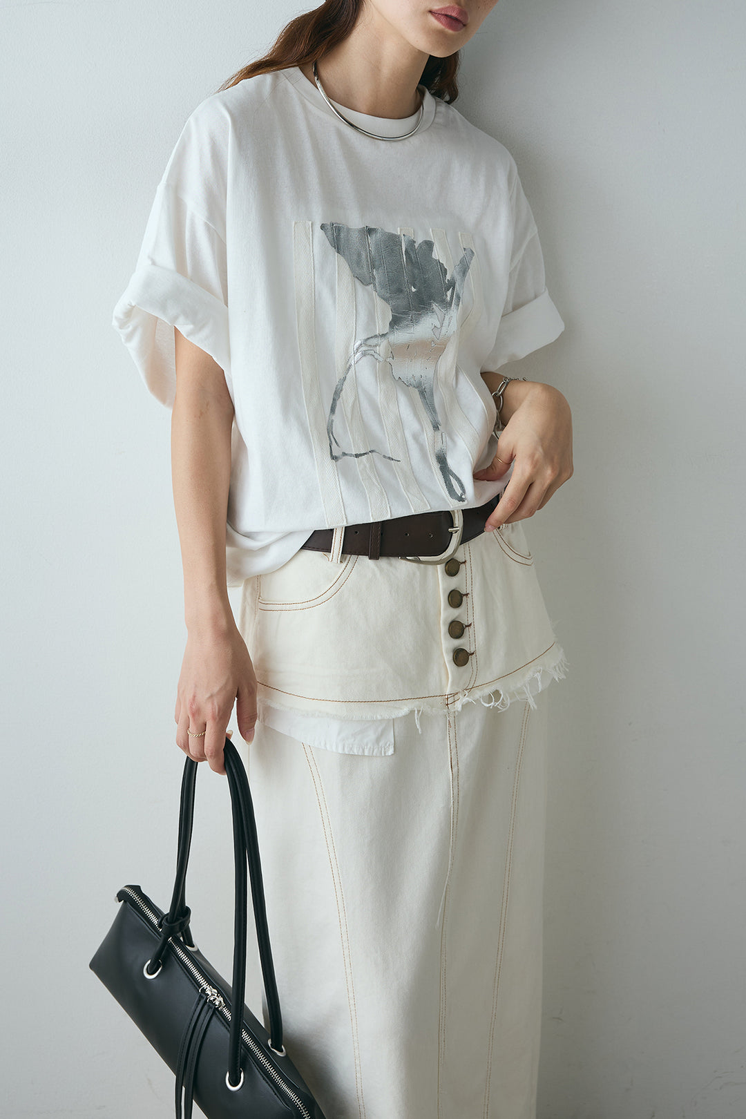 [SET]ニュアンス箔プリントTシャツ+レイヤードデザインワイドスカート(2set)