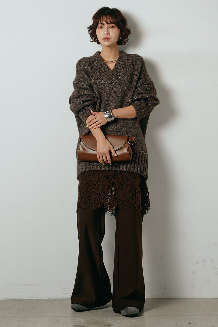 [SET]Vネックラメニットトップス+レース刺繍レイヤードフレアパンツ(2set)