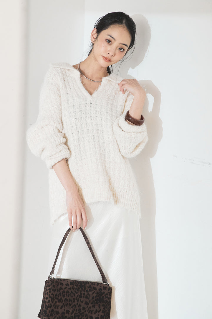 [SET]襟付きVネックニットトップス+裾レースデザインサテンスカート(2set)