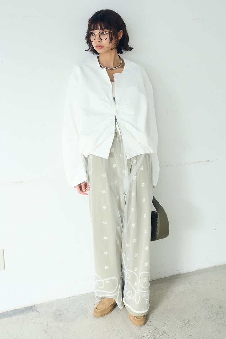 [SET]ニュアンスウェーブ刺繍シアーチュールパンツ+花柄刺繍ツイルタックパンツ(2set)