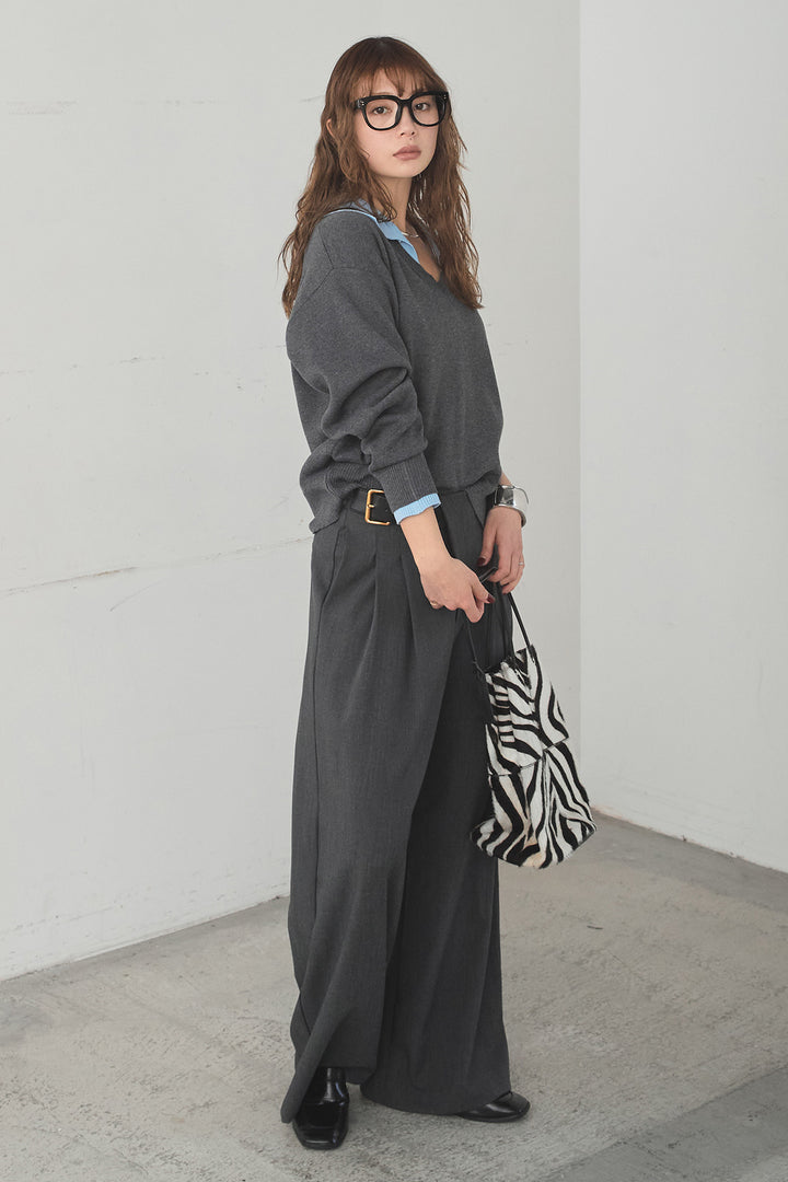 [SET]バイカラーニットレイヤード風プルオーバー+サイドベルトタック入りスラックス(2set)